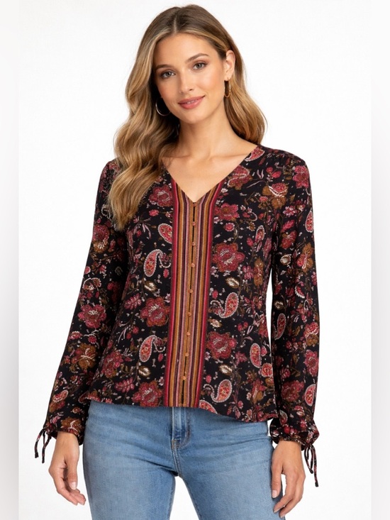 Zac & Rachel Tops - Zac & Rachel Blouse Womens XL Black Floral Paisley Boho Peasant Top‎ Long Sleeve
